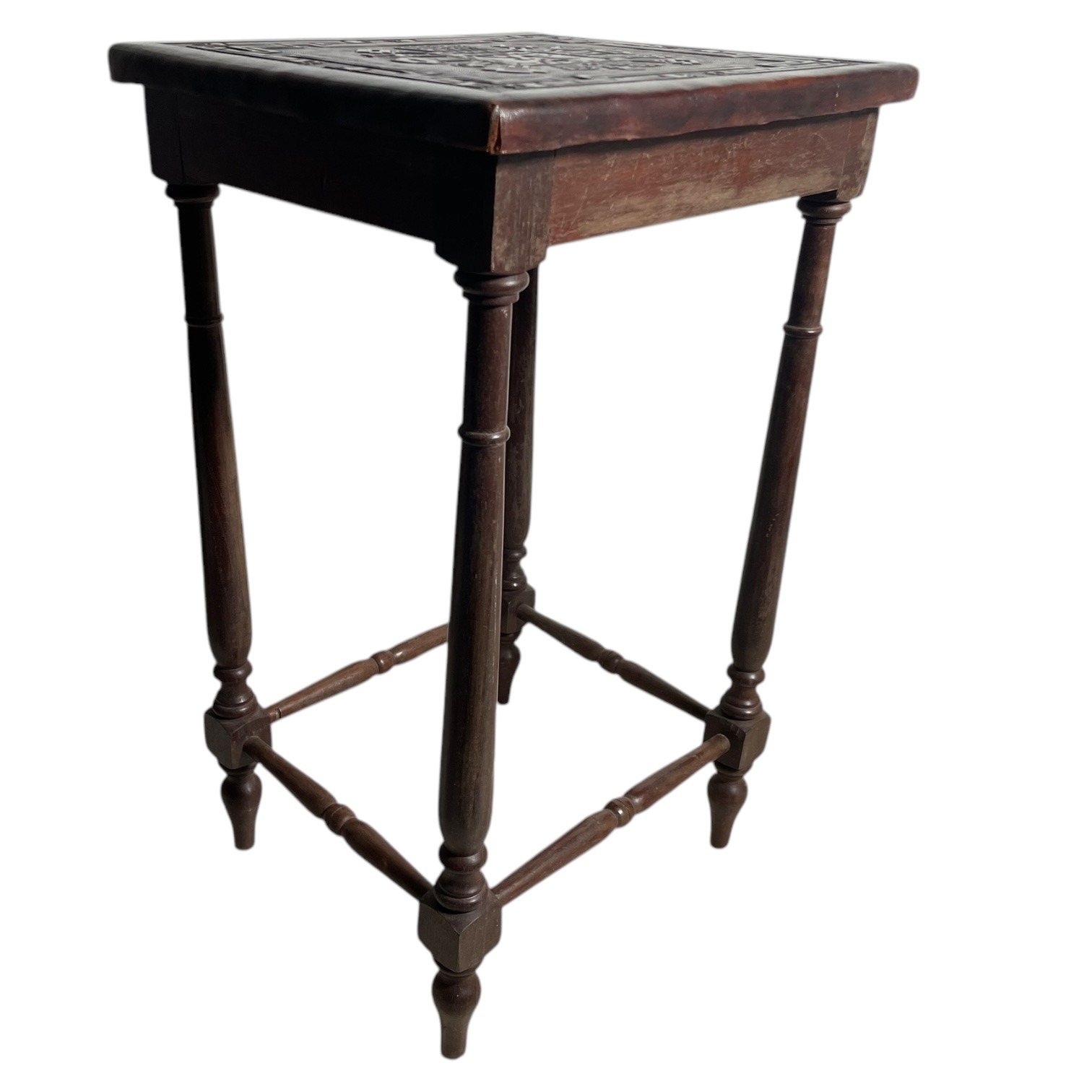 Vintage French Small Thick Leather Embossed Topped Inca Mayan Inspired Table Stand Varnished Wood Tabouret c1970-80’s 9 Vintage French Small Thick Leather Embossed Topped Inca Mayan Inspired Table Stand Varnished Wood Tabouret c1970-80's - Image 9