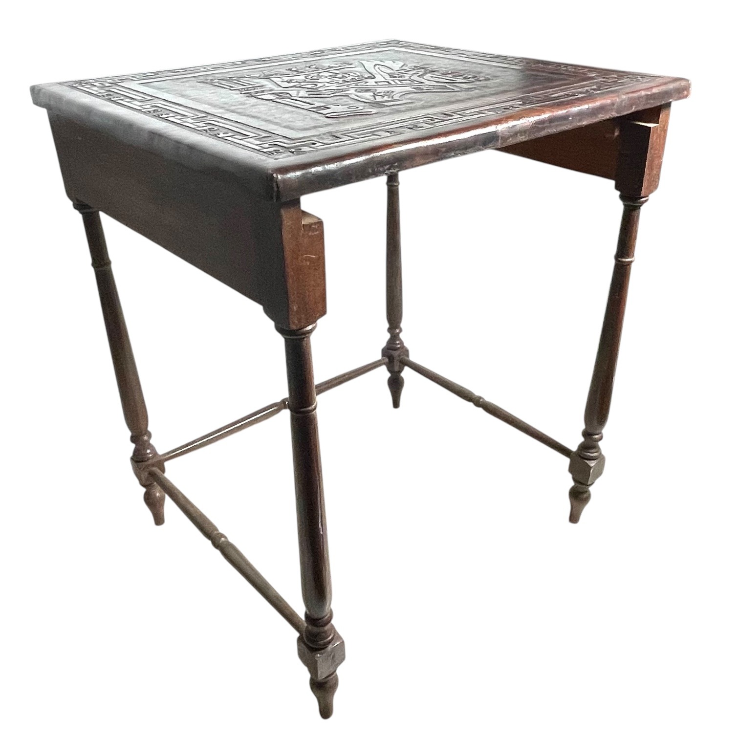 Vintage French Thick Leather Embossed Topped Inca Mayan Inspired Table Stand Varnished Wood Tabouret c1970-80’s 2 Vintage French Thick Leather Embossed Topped Inca Mayan Inspired Table Stand Varnished Wood Tabouret c1970-80's - Image 2