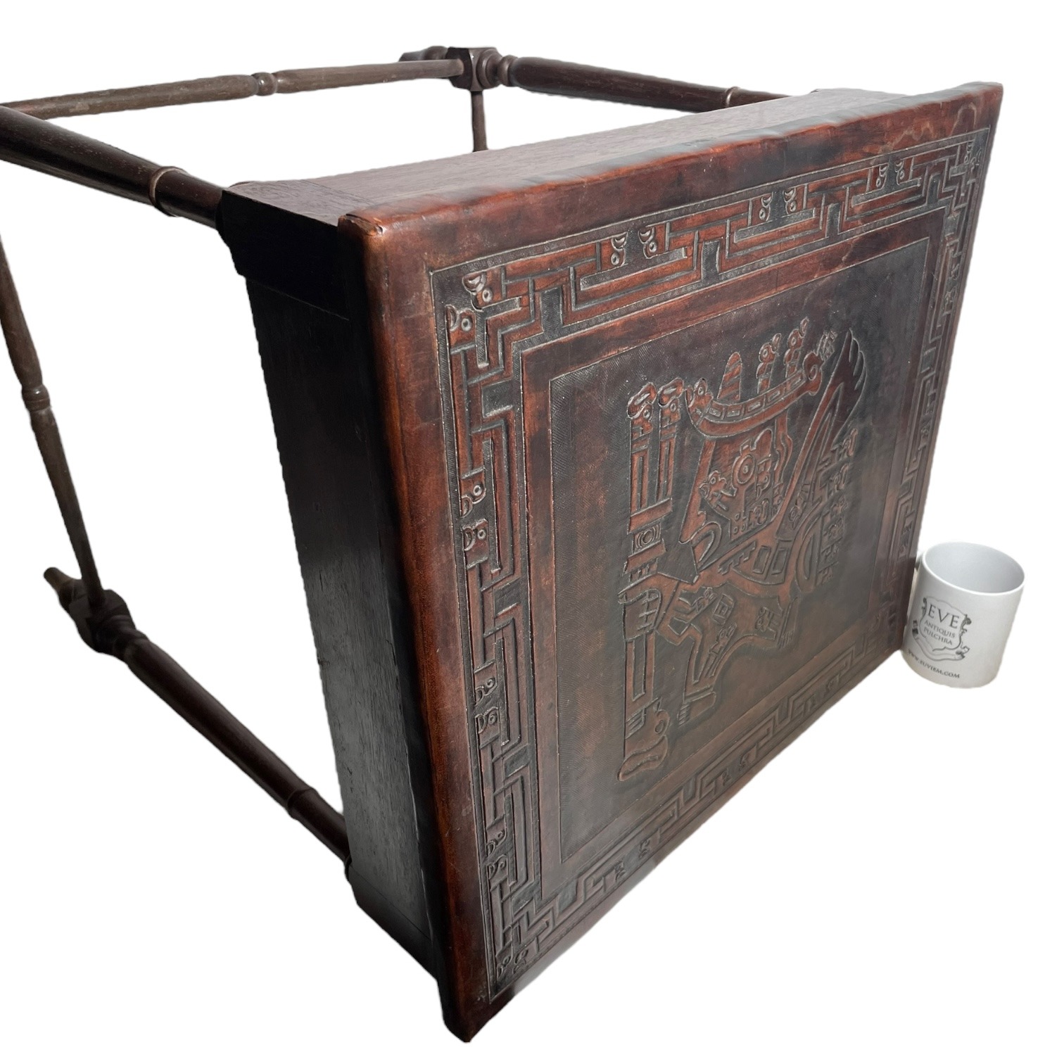 Vintage French Thick Leather Embossed Topped Inca Mayan Inspired Table Stand Varnished Wood Tabouret c1970-80’s 3 Vintage French Thick Leather Embossed Topped Inca Mayan Inspired Table Stand Varnished Wood Tabouret c1970-80's - Image 3