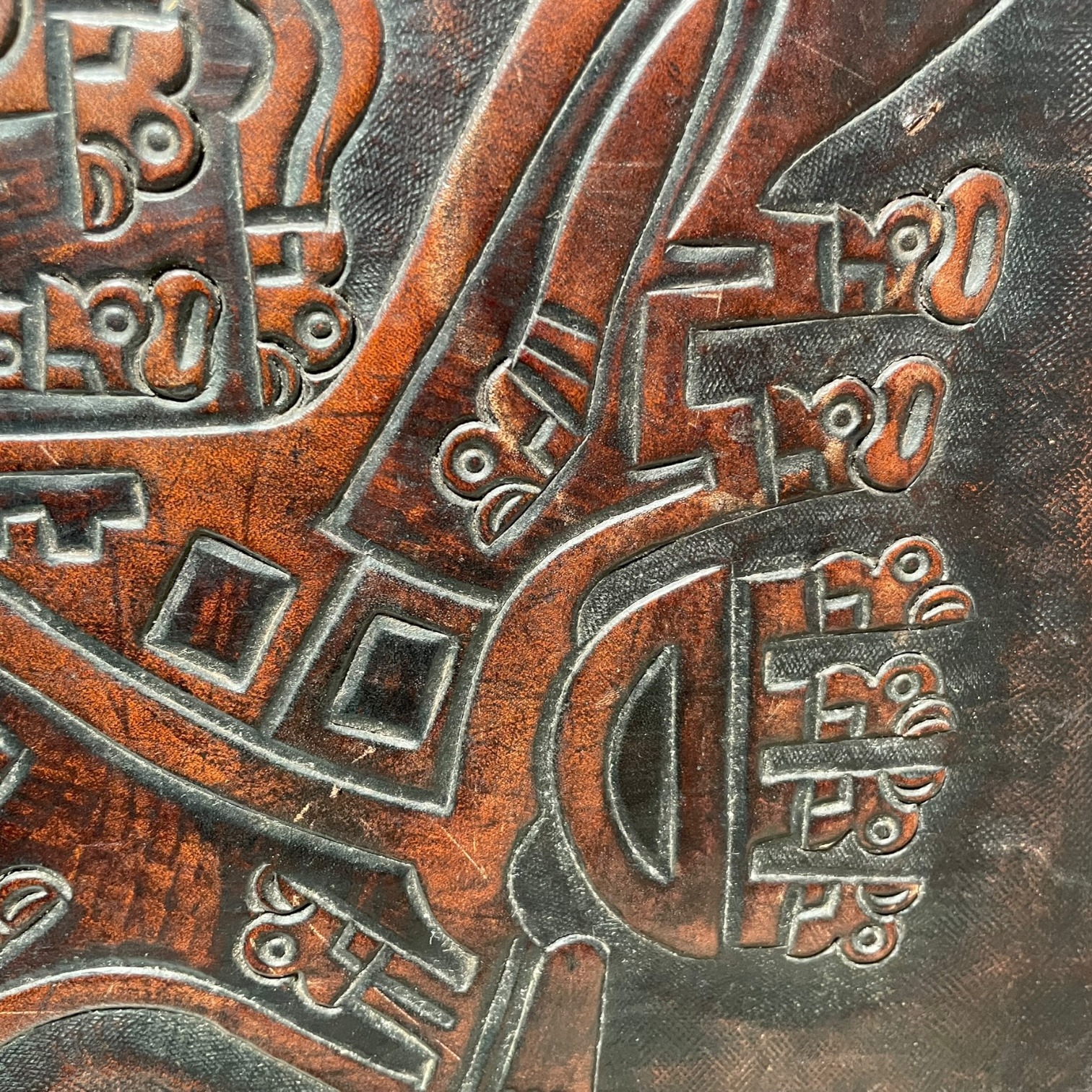 Vintage French Thick Leather Embossed Topped Inca Mayan Inspired Table Stand Varnished Wood Tabouret c1970-80’s 6 Vintage French Thick Leather Embossed Topped Inca Mayan Inspired Table Stand Varnished Wood Tabouret c1970-80's - Image 6