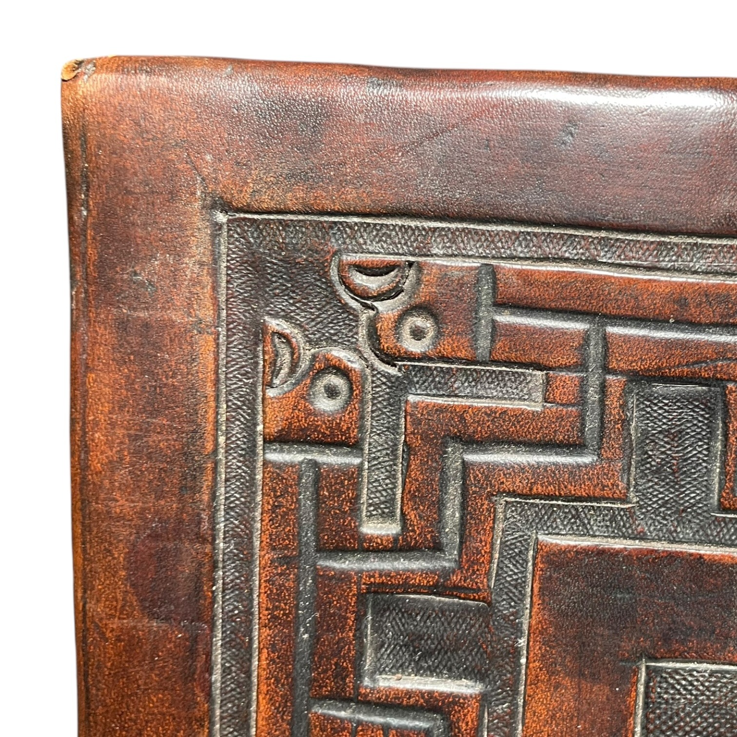 Vintage French Thick Leather Embossed Topped Inca Mayan Inspired Table Stand Varnished Wood Tabouret c1970-80’s 8 Vintage French Thick Leather Embossed Topped Inca Mayan Inspired Table Stand Varnished Wood Tabouret c1970-80's - Image 8