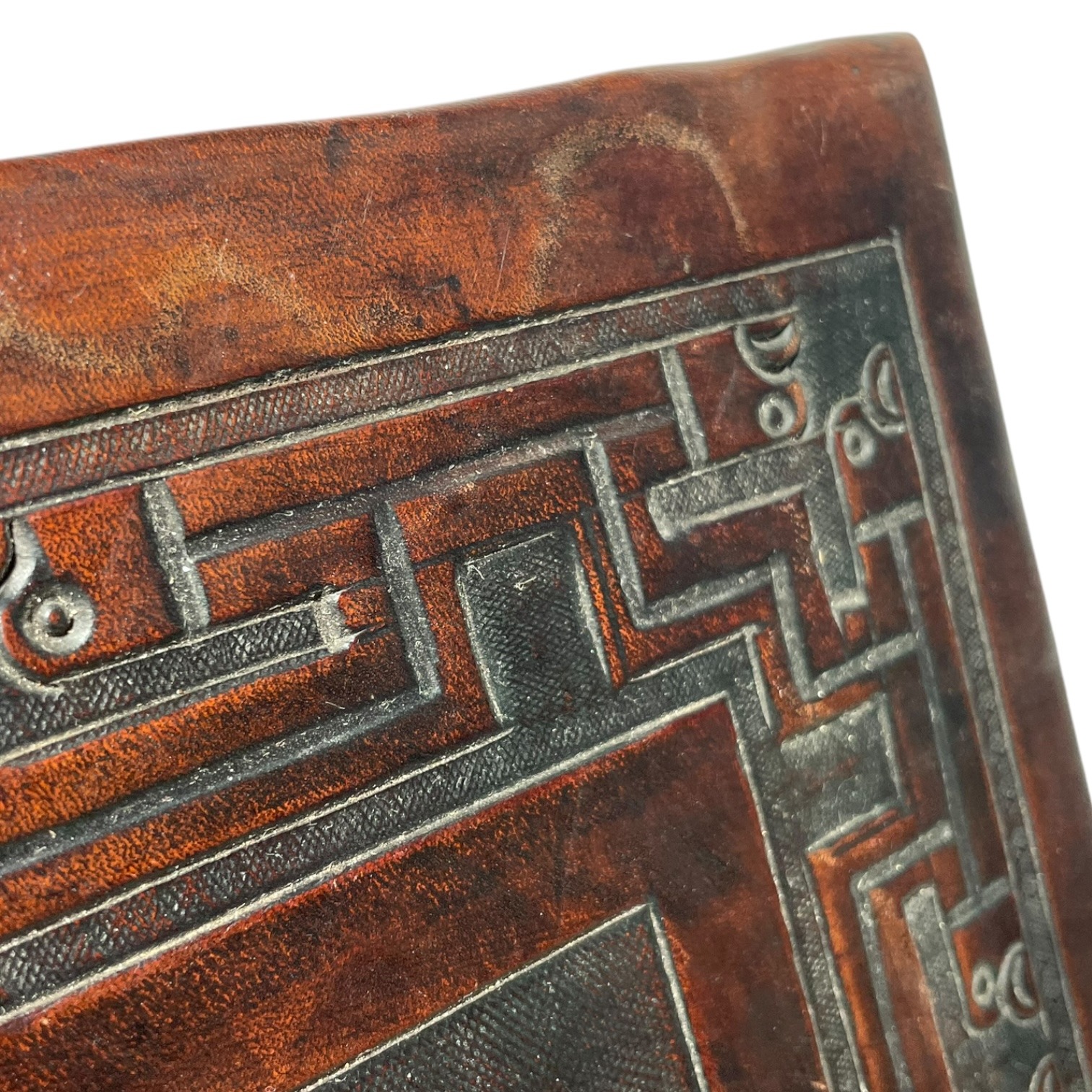 Vintage French Thick Leather Embossed Topped Inca Mayan Inspired Table Stand Varnished Wood Tabouret c1970-80’s 9 Vintage French Thick Leather Embossed Topped Inca Mayan Inspired Table Stand Varnished Wood Tabouret c1970-80's - Image 9