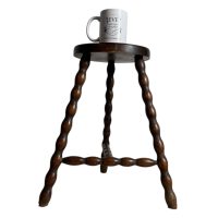 Alternative view of Vintage French Milking Stool Wooden Bobbin Leg Braced Round Shaped Seat Step Stand Table Rustic Rural Tabouret Farmhouse c1950-60's