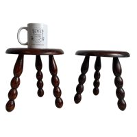 Alternative view of Vintage French Tripod Plinth Stand Table Varnished Wood Round Shaped Top Bobbin Leg Rest Tabouret Farmhouse c1950's