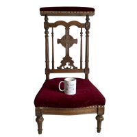Alternative view of Antique French Prayer Chair Kneeler Cushioned Chair Wooden Bergundy Red Upholstery Rest Seating DAMAGED Project c1900's