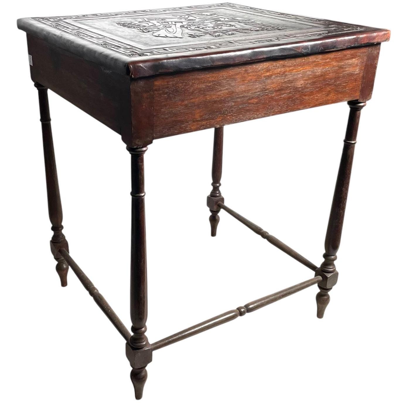 Vintage French Thick Leather Embossed Topped Inca Mayan Inspired Table Stand Varnished Wood Tabouret c1970-80’s Vintage French Thick Leather Embossed Topped Inca Mayan Inspired Table Stand Varnished Wood Tabouret c1970-80's