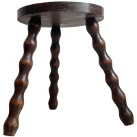 Vintage French Tripod Plinth Stand Table Varnished Wood Round Shaped Top Bobbin Leg Rest Tabouret Farmhouse c1960-70's