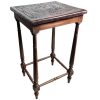 Vintage French Small Thick Leather Embossed Topped Inca Mayan Inspired Table Stand Varnished Wood Tabouret c1970-80's