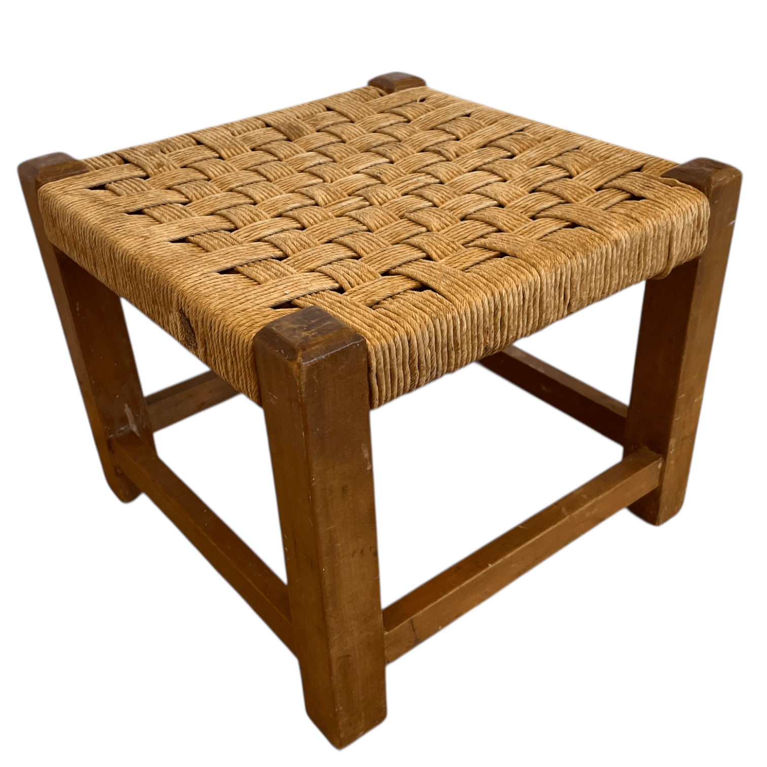 Vintage French Woven Raffia Topped Square Shaped Tripod Stool Chair Seat Wooden Seat Braced Leg Rest Stand Plinth Tabouret c1970’s 2 Vintage French Woven Raffia Topped Square Shaped Tripod Stool Chair Seat Wooden Seat Braced Leg Rest Stand Plinth Tabouret c1970's - Image 2