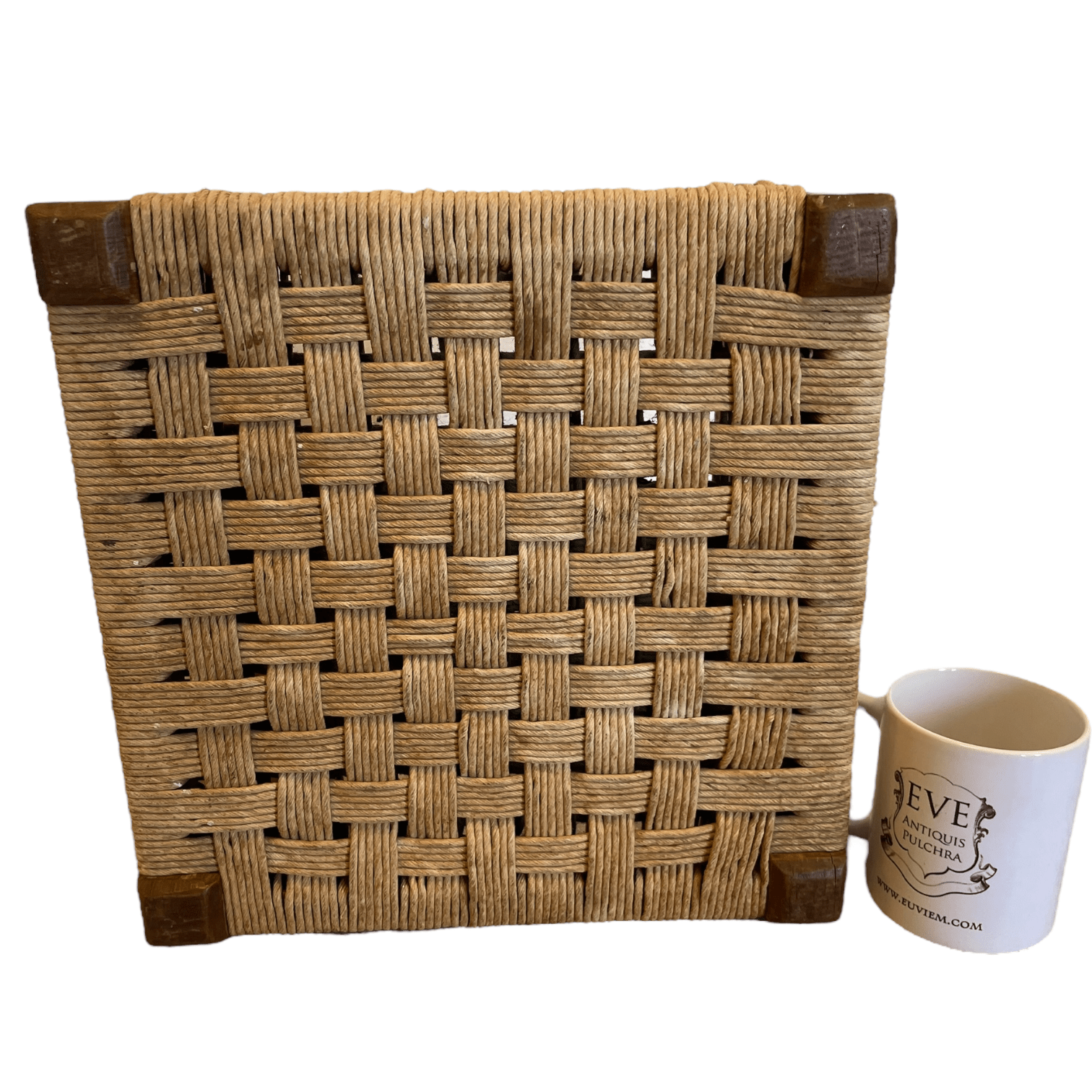 Vintage French Woven Raffia Topped Square Shaped Tripod Stool Chair Seat Wooden Seat Braced Leg Rest Stand Plinth Tabouret c1970’s 3 Vintage French Woven Raffia Topped Square Shaped Tripod Stool Chair Seat Wooden Seat Braced Leg Rest Stand Plinth Tabouret c1970's - Image 3