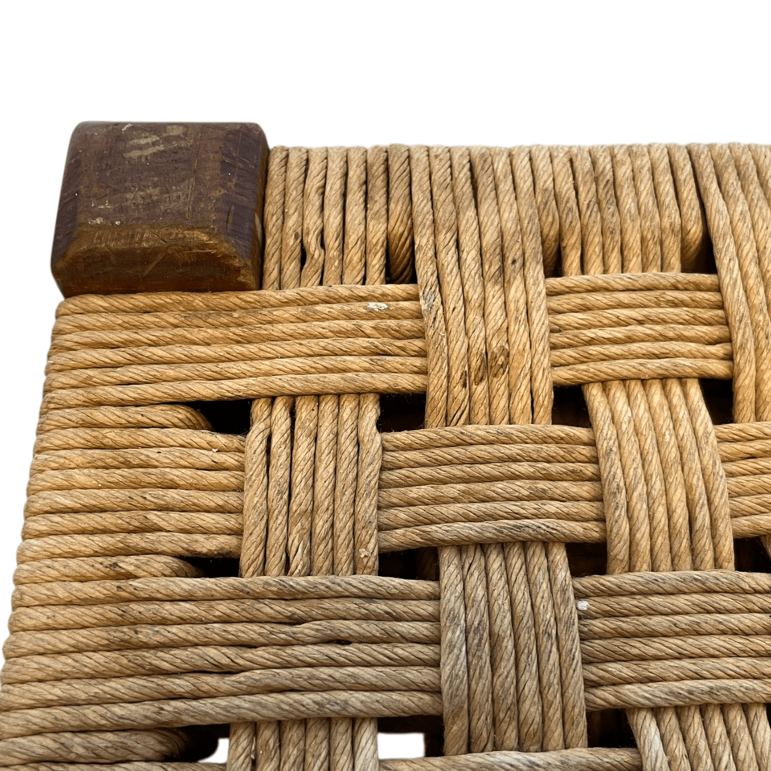 Vintage French Woven Raffia Topped Square Shaped Tripod Stool Chair Seat Wooden Seat Braced Leg Rest Stand Plinth Tabouret c1970’s 4 Vintage French Woven Raffia Topped Square Shaped Tripod Stool Chair Seat Wooden Seat Braced Leg Rest Stand Plinth Tabouret c1970's - Image 4