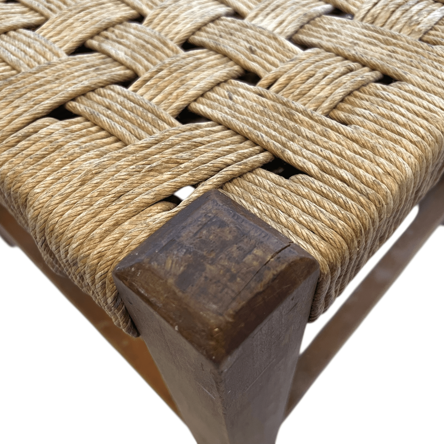 Vintage French Woven Raffia Topped Square Shaped Tripod Stool Chair Seat Wooden Seat Braced Leg Rest Stand Plinth Tabouret c1970’s 5 Vintage French Woven Raffia Topped Square Shaped Tripod Stool Chair Seat Wooden Seat Braced Leg Rest Stand Plinth Tabouret c1970's - Image 5