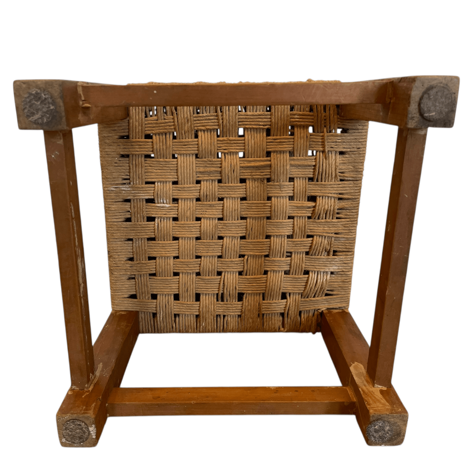 Vintage French Woven Raffia Topped Square Shaped Tripod Stool Chair Seat Wooden Seat Braced Leg Rest Stand Plinth Tabouret c1970’s 6 Vintage French Woven Raffia Topped Square Shaped Tripod Stool Chair Seat Wooden Seat Braced Leg Rest Stand Plinth Tabouret c1970's - Image 6