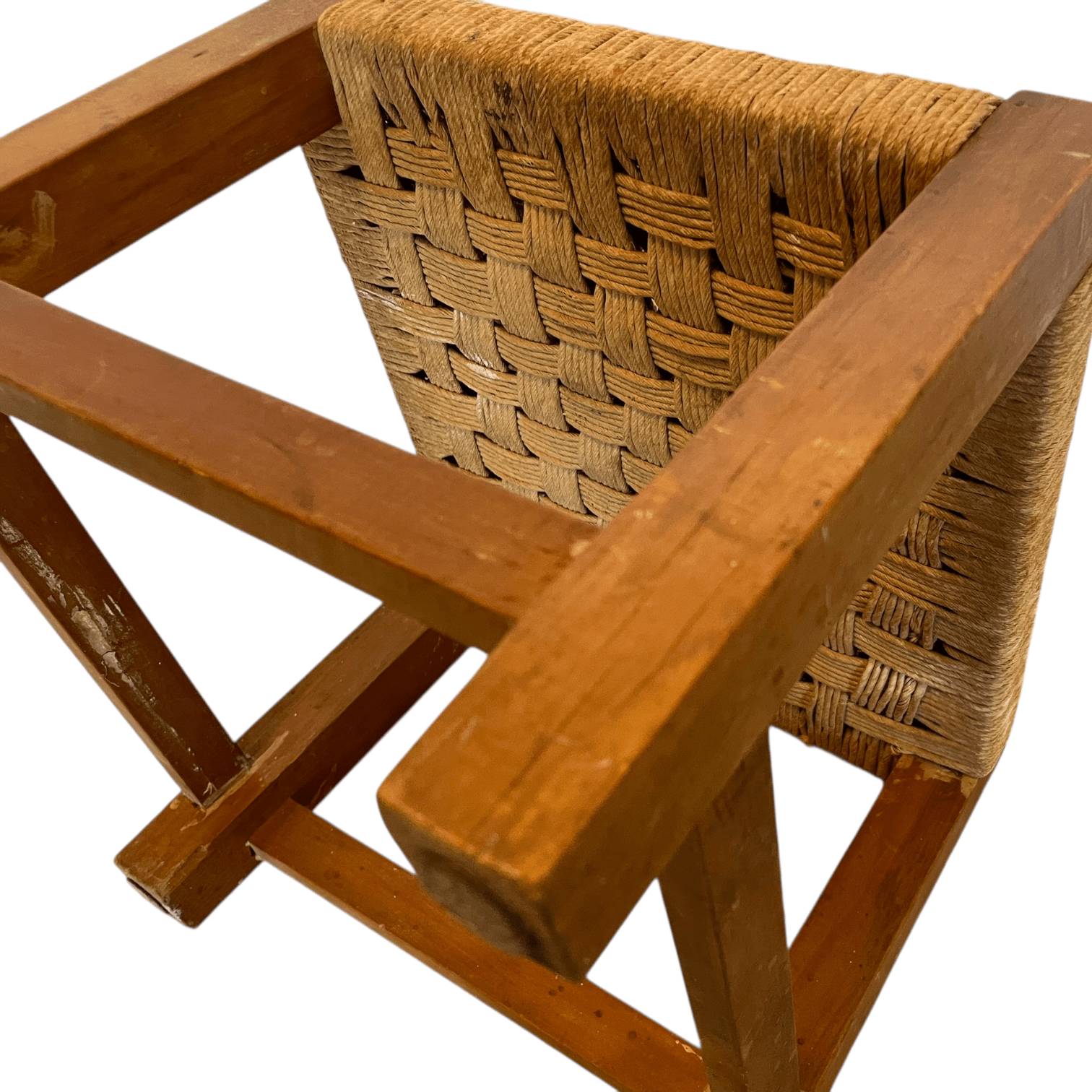 Vintage French Woven Raffia Topped Square Shaped Tripod Stool Chair Seat Wooden Seat Braced Leg Rest Stand Plinth Tabouret c1970’s 7 Vintage French Woven Raffia Topped Square Shaped Tripod Stool Chair Seat Wooden Seat Braced Leg Rest Stand Plinth Tabouret c1970's - Image 7