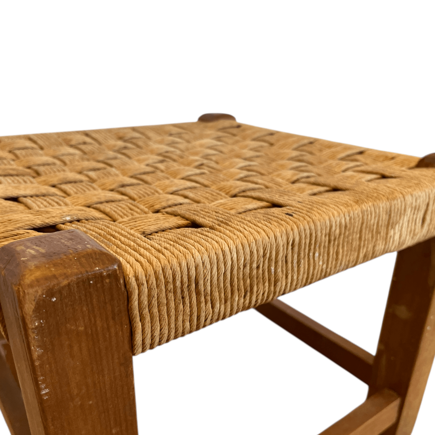 Vintage French Woven Raffia Topped Square Shaped Tripod Stool Chair Seat Wooden Seat Braced Leg Rest Stand Plinth Tabouret c1970’s 8 Vintage French Woven Raffia Topped Square Shaped Tripod Stool Chair Seat Wooden Seat Braced Leg Rest Stand Plinth Tabouret c1970's - Image 8