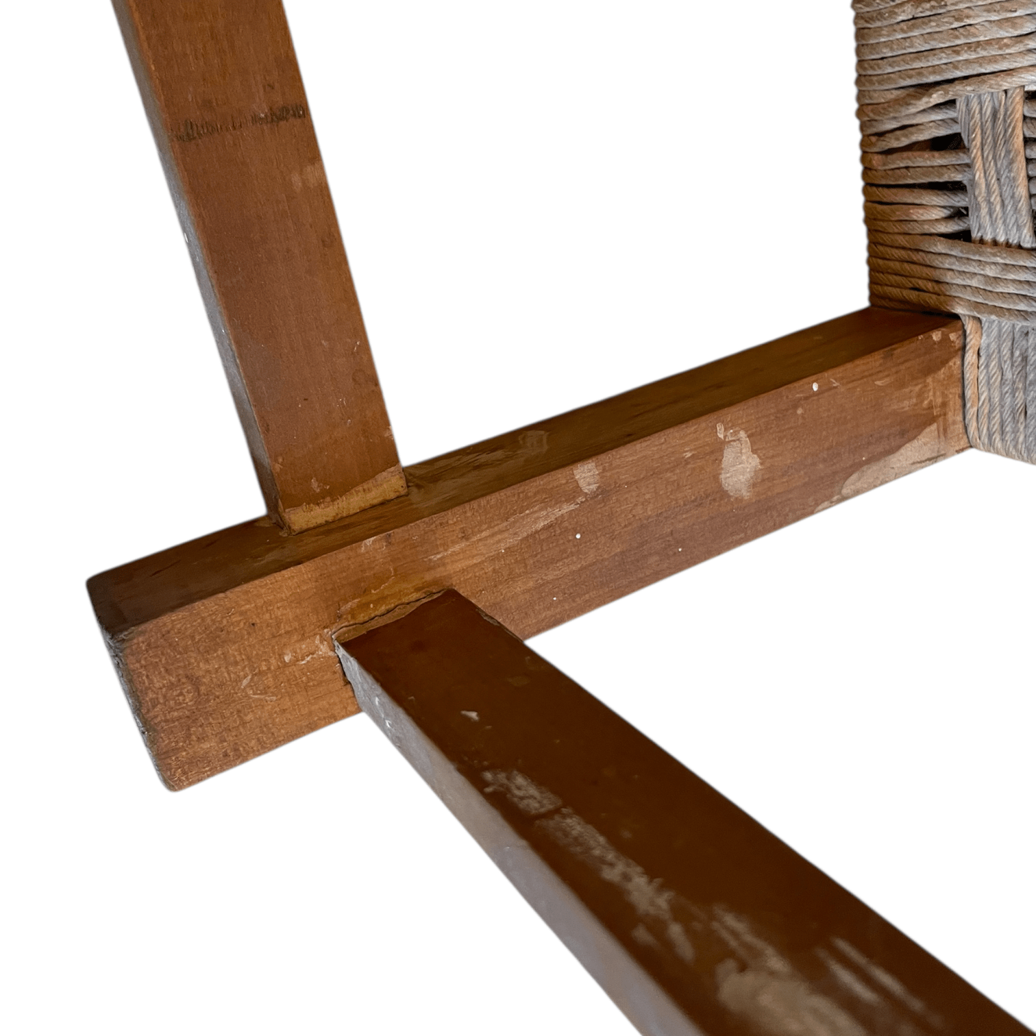 Vintage French Woven Raffia Topped Square Shaped Tripod Stool Chair Seat Wooden Seat Braced Leg Rest Stand Plinth Tabouret c1970’s 9 Vintage French Woven Raffia Topped Square Shaped Tripod Stool Chair Seat Wooden Seat Braced Leg Rest Stand Plinth Tabouret c1970's - Image 9