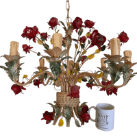 Alternative view of Vintage French Toleware Style Chandelier Red Rose Flower Shaped Wall Ceiling Electric Pendant Lamp Light Lighting Shabby Chic c1980's