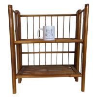 Alternative view of Vintage French Folding Canework Bamboo Side Table Plant Stand Wooden Square Shaped Double Shelf Rest Plinth Tabouret c1970-80's