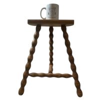 Alternative view of Vintage French Tripod Stool Chair Seat Wooden Milking Kitchen D Shaped Seat Braced Bobbin Leg Rest Stand Plinth Tabouret c1960-70's