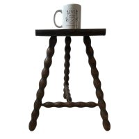 Alternative view of Vintage French Tripod Stool Chair Seat Wooden Milking Kitchen D Shaped Seat Braced Bobbin Leg Rest Stand Plinth Tabouret c1960-70's