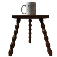 Alternative view of Vintage French Tripod Stool Chair Seat Varnished Wood Milking D Shaped Seat Bobbin Leg Rest Stand Plinth Tabouret Farmhouse c1960-70's
