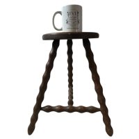 Alternative view of Vintage French Stool Plant Stand Plinth Wooden Round Shaped Seat Braced Bobbin Leg Tabouret c1960's