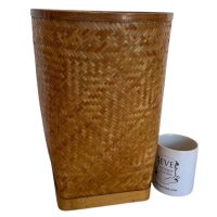 Alternative view of Vintage Asian Cane Canework Bamboo Waste Paper Trash Can Wooden Woven Basket circa 1980-90's