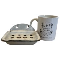 Alternative view of Antique French White Enamel Iron Bathroom Kitchen Soap Dish Container Wall Mounted Or Self Standing c1920's