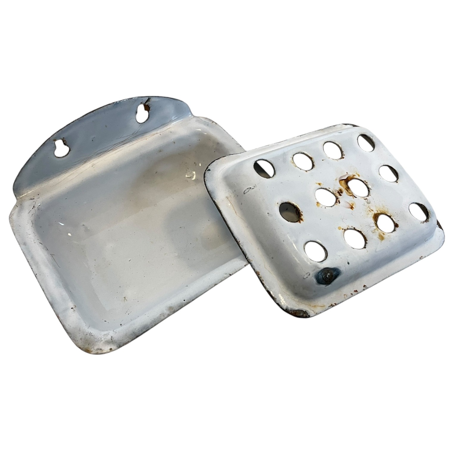 Antique French White Enamel Iron Bathroom Kitchen Soap Dish Container Wall Mounted Or Self Standing c1920’s 4 Antique French White Enamel Iron Bathroom Kitchen Soap Dish Container Wall Mounted Or Self Standing c1920's - Image 4