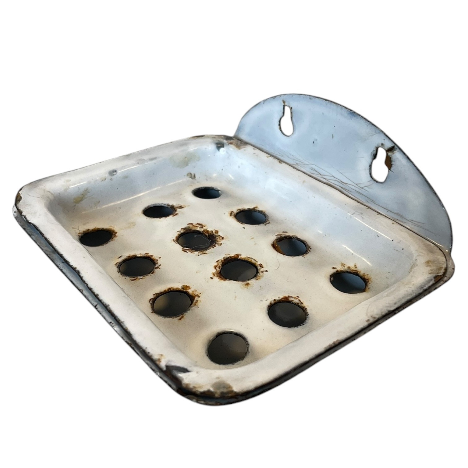 Antique French White Enamel Iron Bathroom Kitchen Soap Dish Container Wall Mounted Or Self Standing c1920’s 8 Antique French White Enamel Iron Bathroom Kitchen Soap Dish Container Wall Mounted Or Self Standing c1920's - Image 8