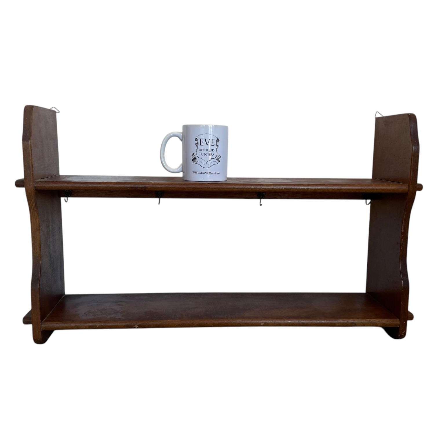 Vintage French Wooden Two Shelf Tier Wall Hanging Mounted Large Shelving Unit Country Cottage Arts Crafts Drawer circa 1960-70’s 2 Vintage French Wooden Two Shelf Tier Wall Hanging Mounted Large Shelving Unit Country Cottage Arts Crafts Drawer circa 1960-70's - Image 2