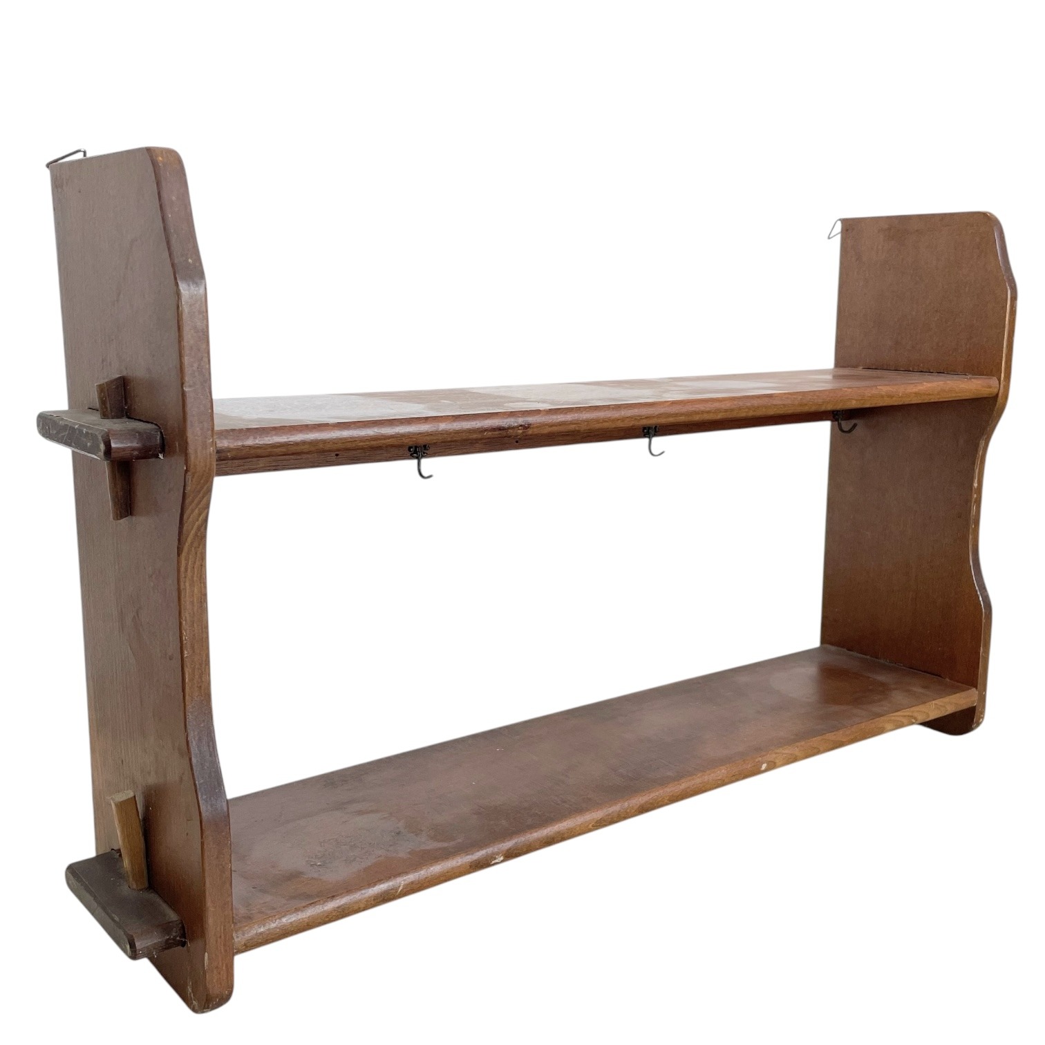 Vintage French Wooden Two Shelf Tier Wall Hanging Mounted Large Shelving Unit Country Cottage Arts Crafts Drawer circa 1960-70’s 6 Vintage French Wooden Two Shelf Tier Wall Hanging Mounted Large Shelving Unit Country Cottage Arts Crafts Drawer circa 1960-70's - Image 6