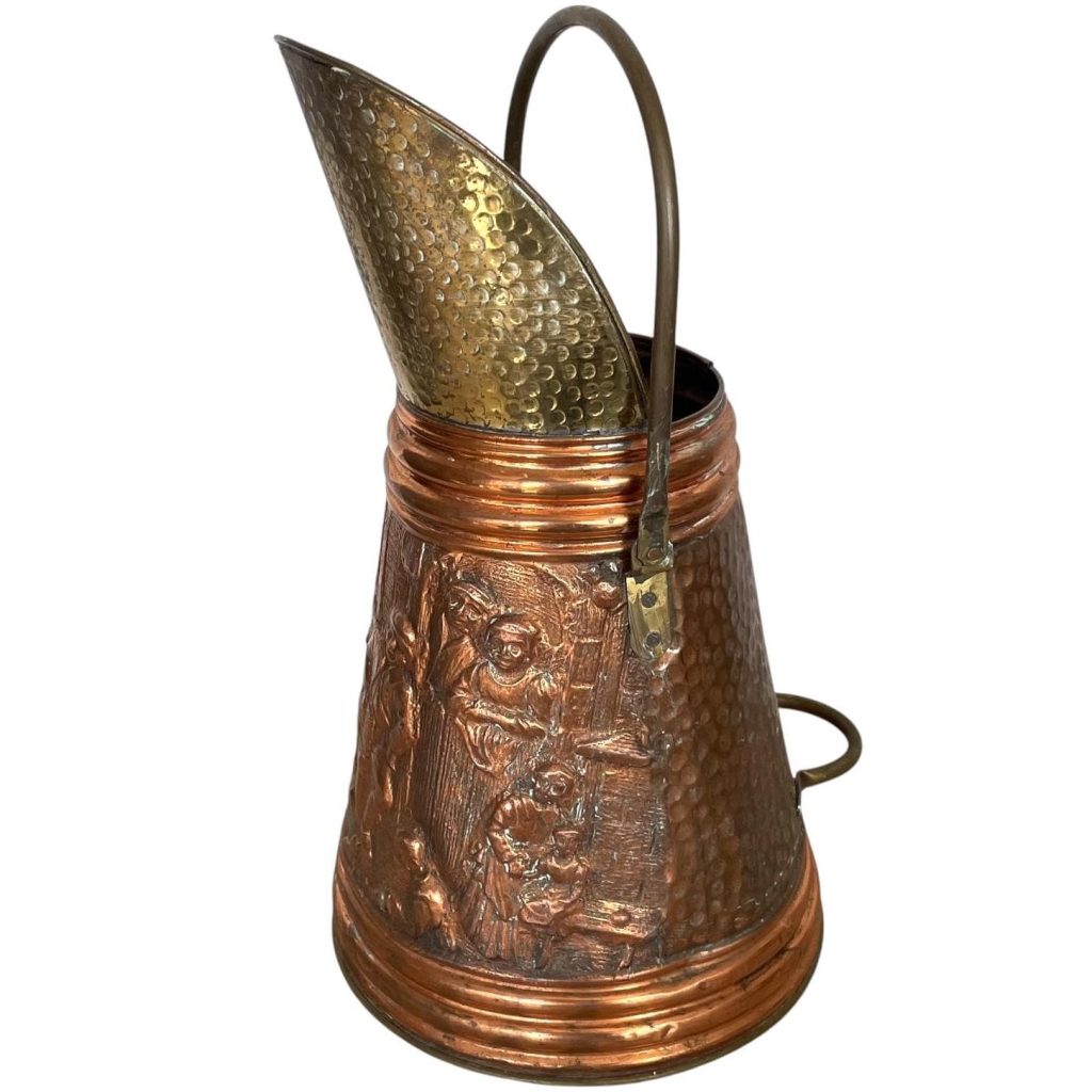 Vintage French Large Copper Brass Metal Umbrella Walking Stick Stand Coal Shuttle Storage Pot Container Hallway Fireplace c1960-70's