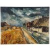 Vintage French Original Watercolour Countryside Painting On Textured Wood Board Woman Cottage Wheat Field circa 1950's