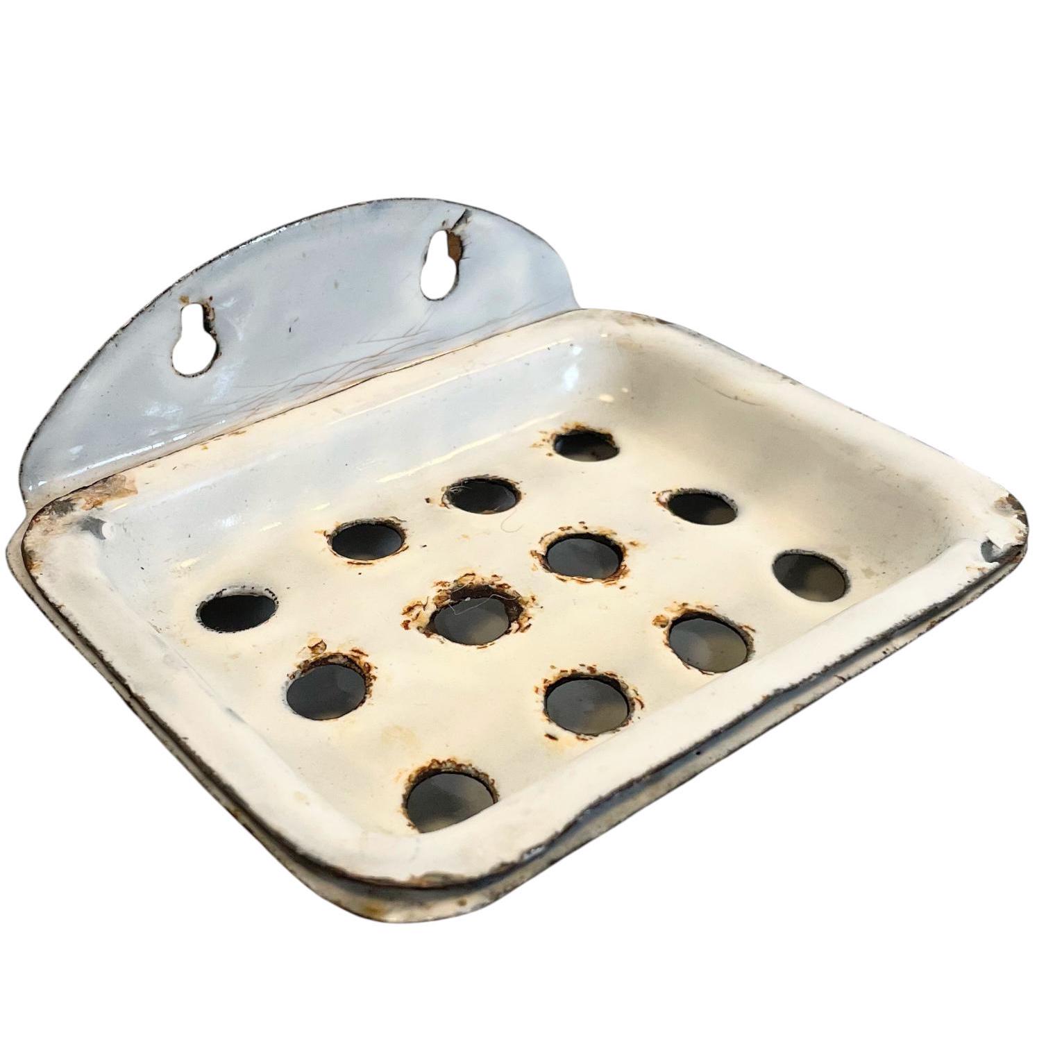 Antique French White Enamel Iron Bathroom Kitchen Soap Dish Container Wall Mounted Or Self Standing c1920’s Antique French White Enamel Iron Bathroom Kitchen Soap Dish Container Wall Mounted Or Self Standing c1920's