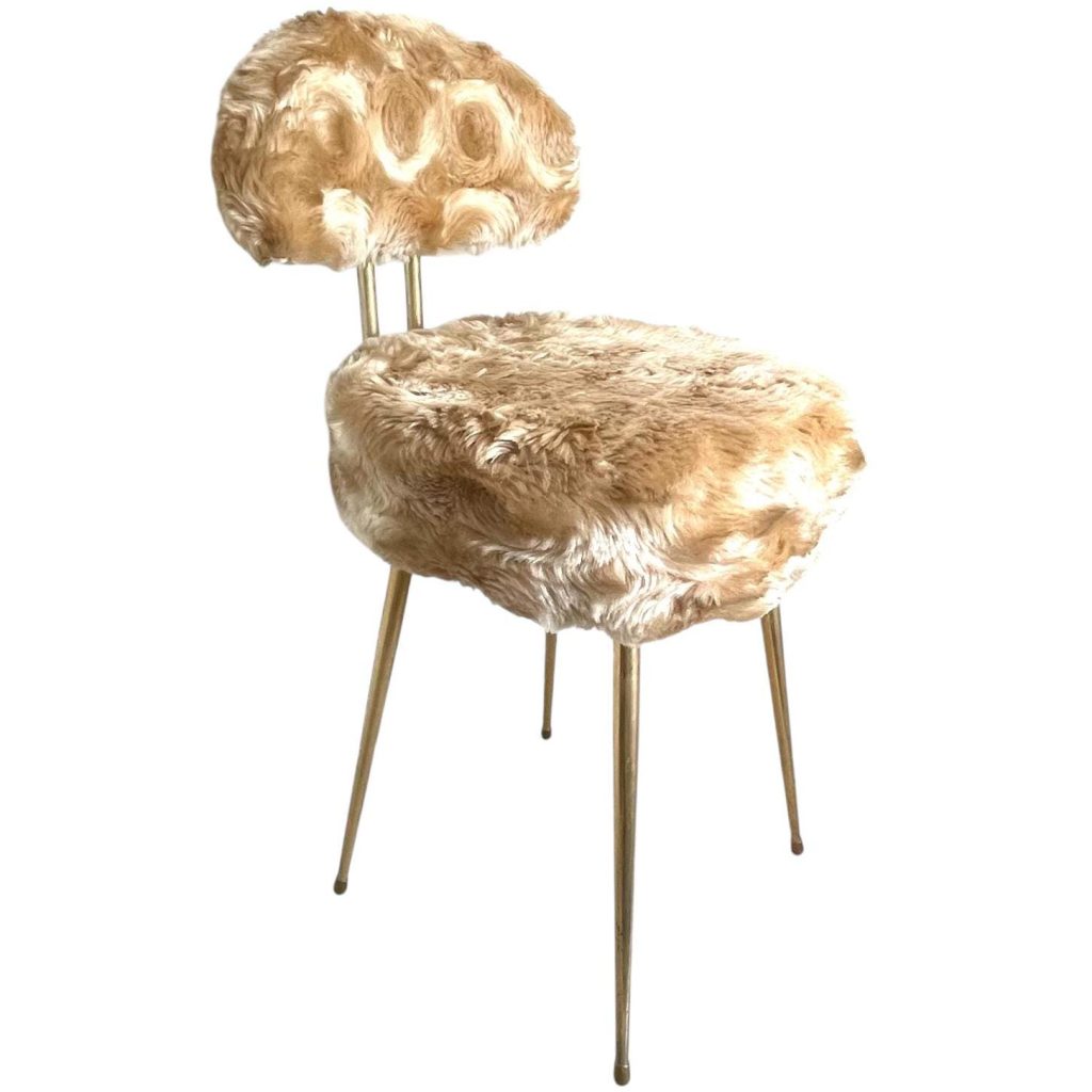 Vintage French Pelfran Metal Wood Cushioned Fluffy Covered Bronze Brown Stool Chair Seat Round Shaped Seat Rest Backrest c1970-80's