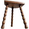 Vintage French Tripod Stool Chair Seat Varnished Wood Milking D Shaped Seat Bobbin Leg Rest Stand Plinth Tabouret Farmhouse c1960's