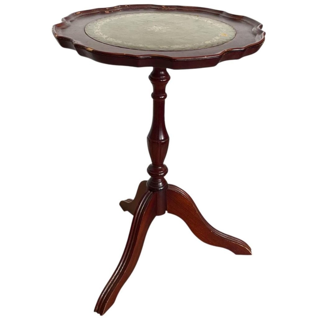 Vintage French Small Leather Topped Side Table Stand Circular Compact Display c1970's
