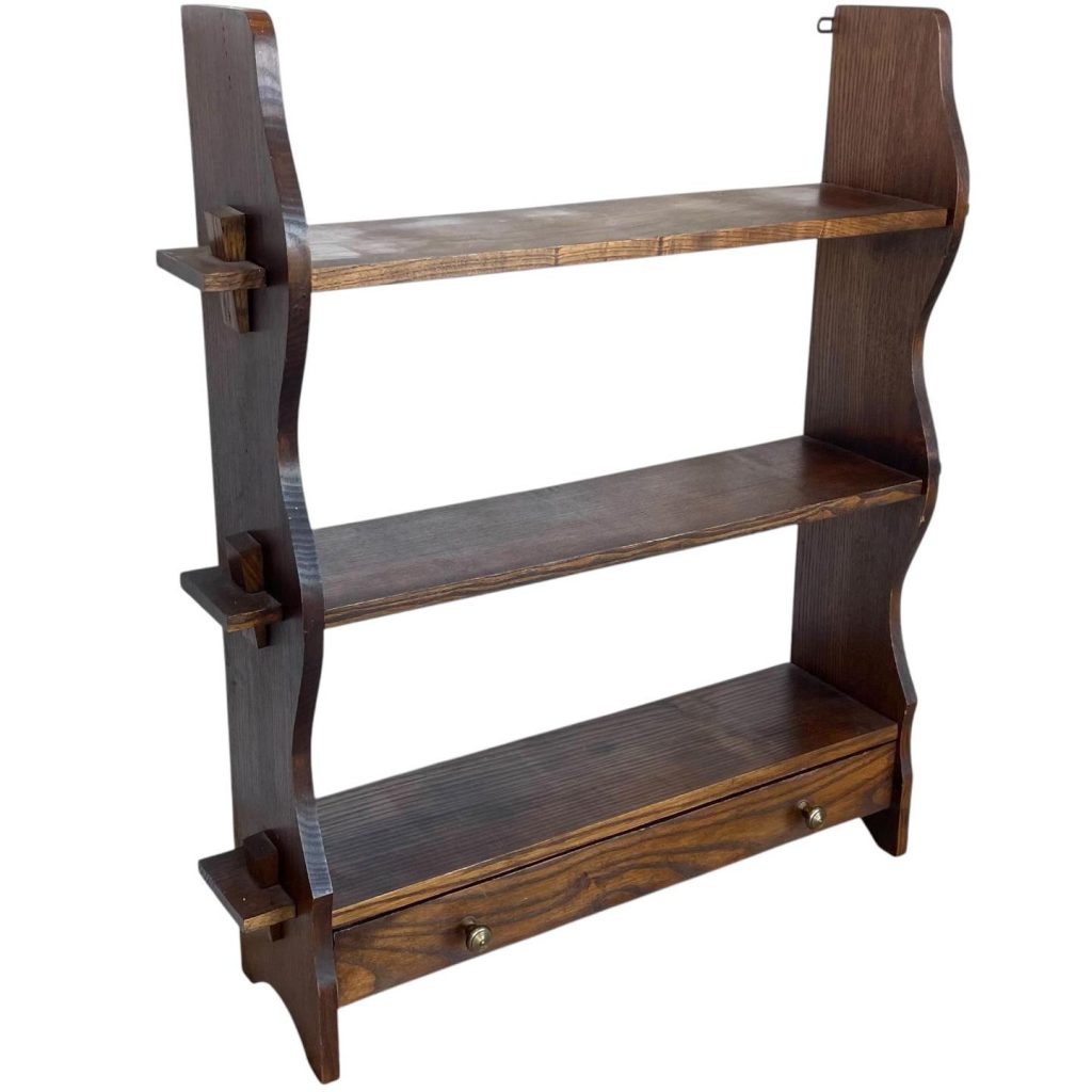 Vintage French Wooden Three Shelf Tier With Drawer Wall Hanging Mounted Shelving Unit Country Cottage Arts Crafts circa 1960-70's