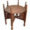 Vintage Indian Wooden Tray Stand With Copper Platter Display Plinth Stand Circular Small Table Plant Rest Tabouret c1960-70's