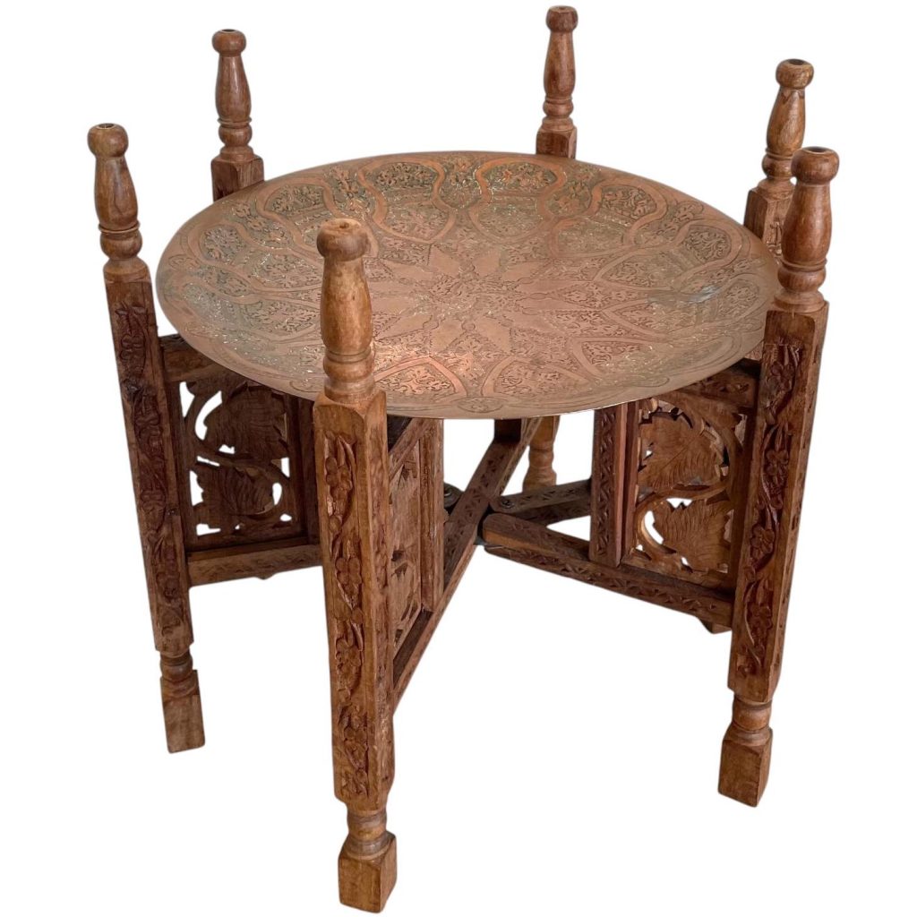 Vintage Indian Wooden Tray Stand With Copper Platter Display Plinth Stand Circular Small Table Plant Rest Tabouret c1960-70's