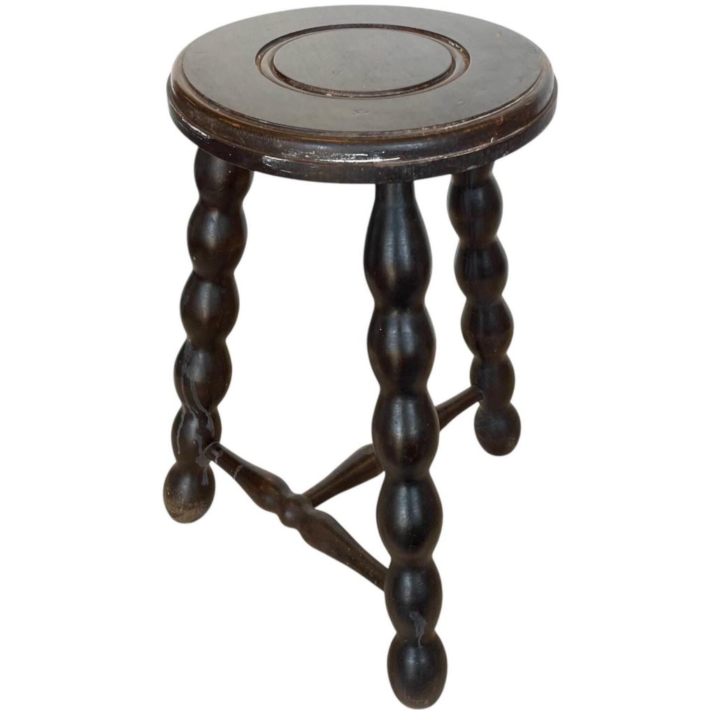 Vintage French Milking Stool Wooden Bobbin Leg Braced Round Shaped Seat Step Stand Table Rustic Rural Tabouret Farmhouse c1950-60's