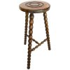 Vintage French Tripod Braced Tall Bar Kitchen Stool Chair Varnished Wood Round Seat Bobbin Leg Rest Stand Plinth Tabouret c1960's