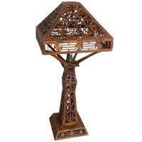 Vintage French Homemade Pedestal Lamp & Lampshade Wood Wooden Cut Lattice Leaf Shaped c1964