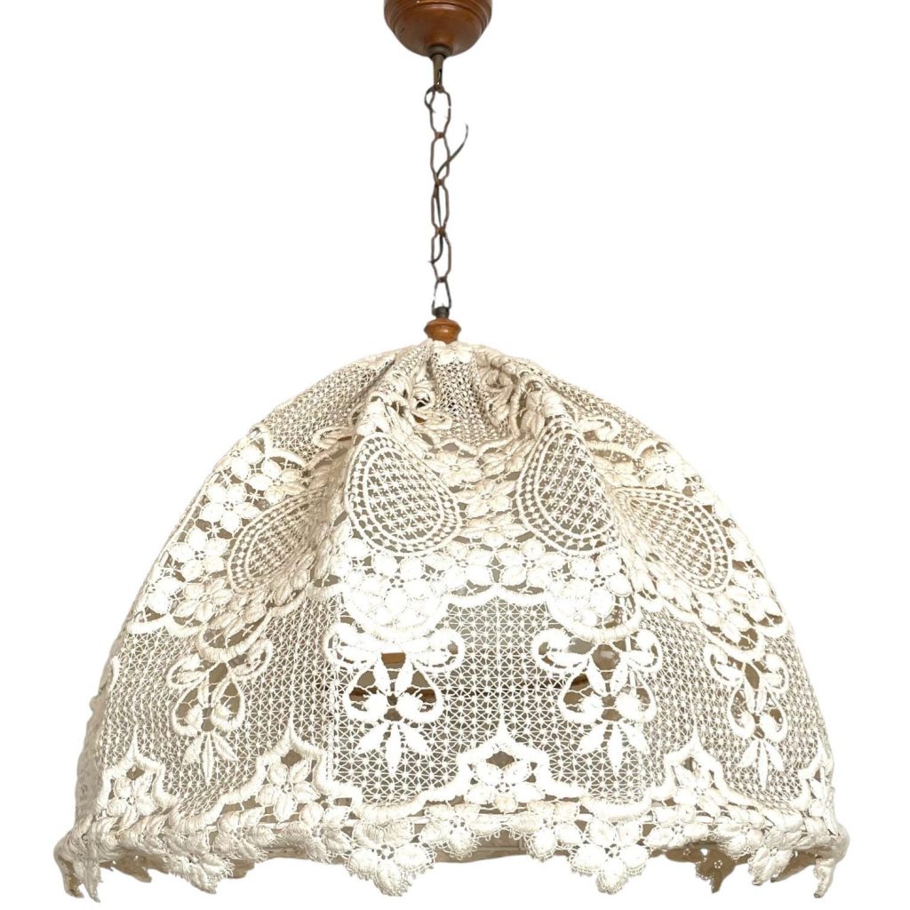Vintage French Hand Made Lace Large Metal Framed Flower Petal Bloom Ceiling Electric Lamp Light Lighting Shabby Chic c1970-80s