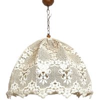 Vintage French Hand Made Lace Large Metal Framed Flower Petal Bloom Ceiling Electric Lamp Light Lighting Shabby Chic c1970-80s