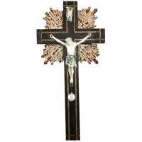 Vintage French Crucifix Jesus Cross Church Chapel Roman Catholic Wood Metal DAMAGED c1930-50's
