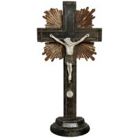Vintage French Crucifix Jesus Cross Church Chapel Roman Catholic Wood Metal Bisque DAMAGED c1930-50's