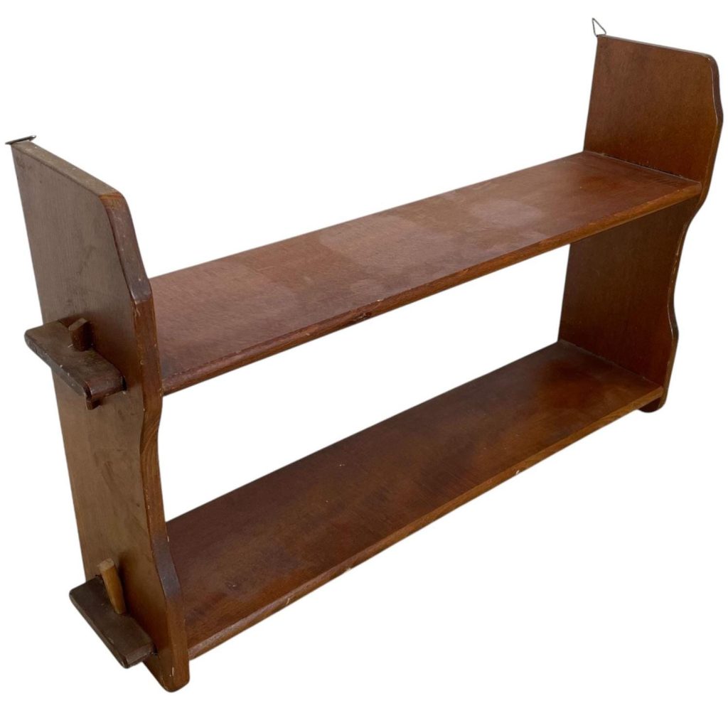Vintage French Wooden Two Shelf Tier Wall Hanging Mounted Large Shelving Unit Country Cottage Arts Crafts Drawer circa 1960-70's