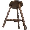 Vintage French Tripod Braced Stool Chair Varnished Wood Milking Round Seat Twist Spiral Leg Rest Stand Plinth Tabouret c1960's